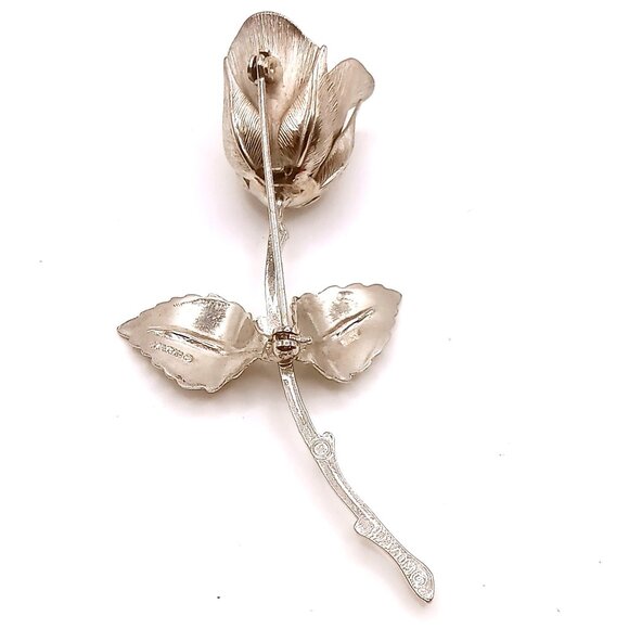Vintage Giovanni Brooch Silver Tone Rose Textured Detail Leaves Stem Design Pin - Picture 5 of 12